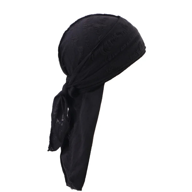 Black men's distressed pirate style durag head wrap folded and displayed