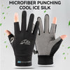 A pair of black and gray microfiber punching cool ice silk gloves shown on a hand.