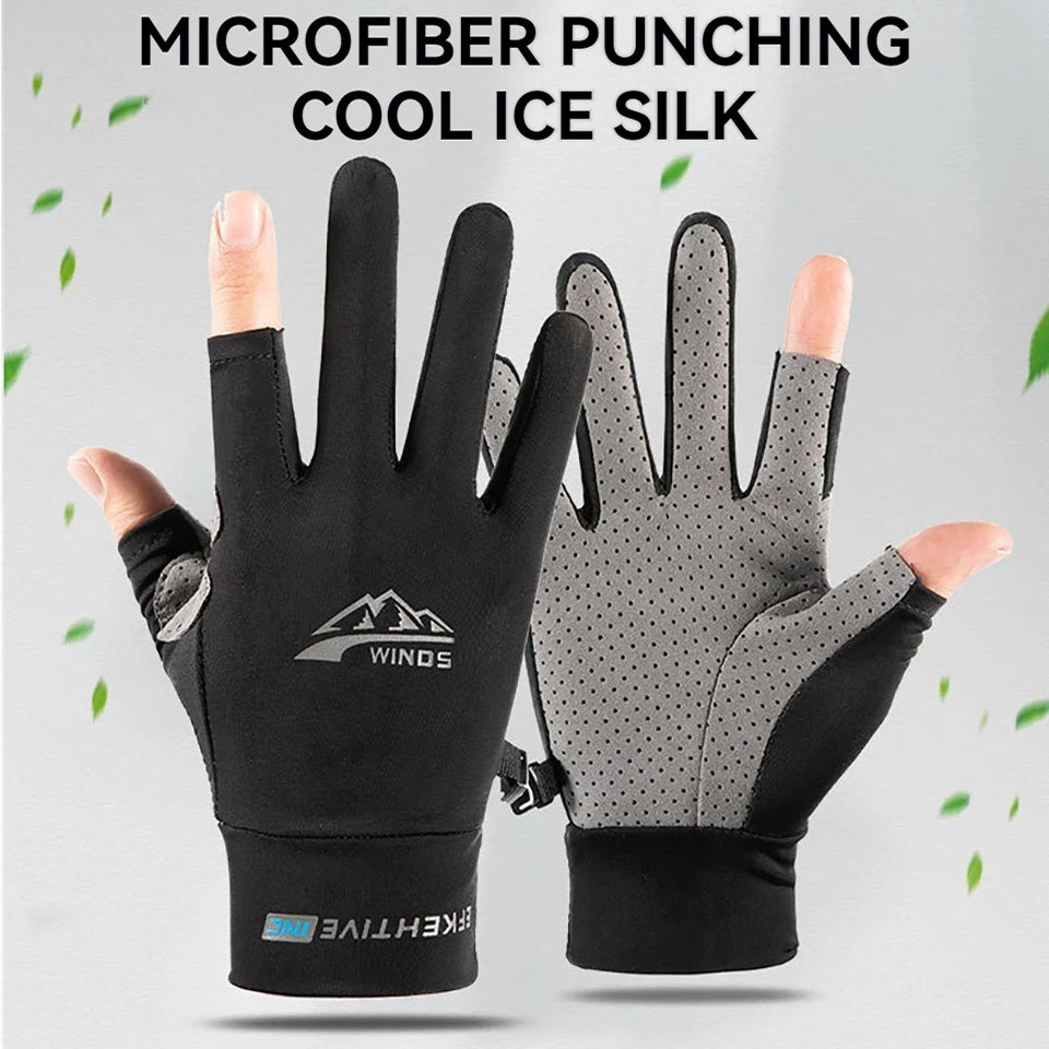 A pair of black and gray microfiber punching cool ice silk gloves shown on a hand.