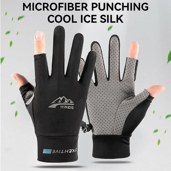 A pair of black and gray microfiber punching cool ice silk gloves shown on a hand.