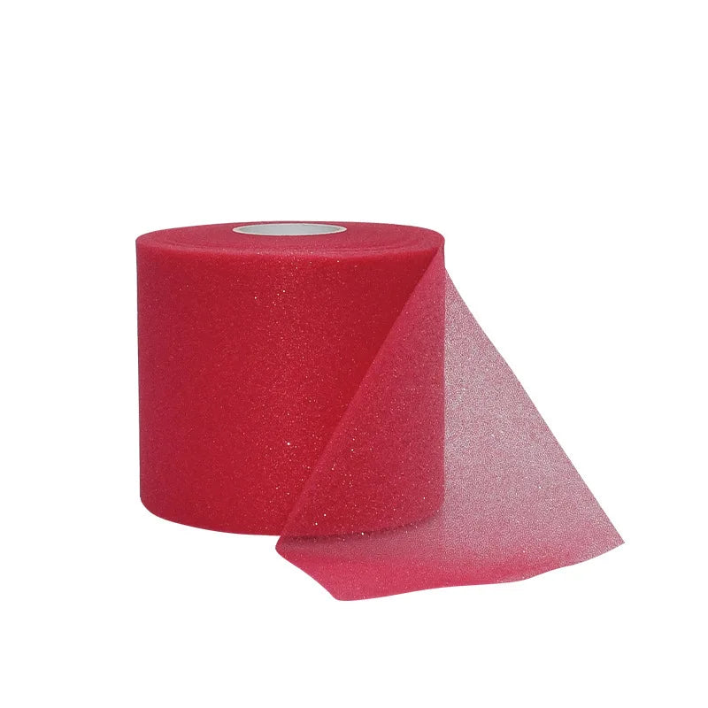 A roll of red protective foam athletic tape wrap, shown partially unwrapped.