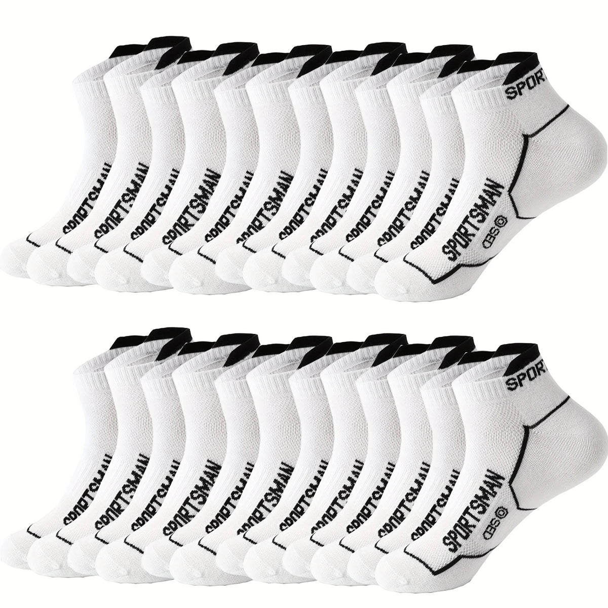 Un paquete de calcetines deportivos blancos para hombre, transpirables, exhibidos en fila.