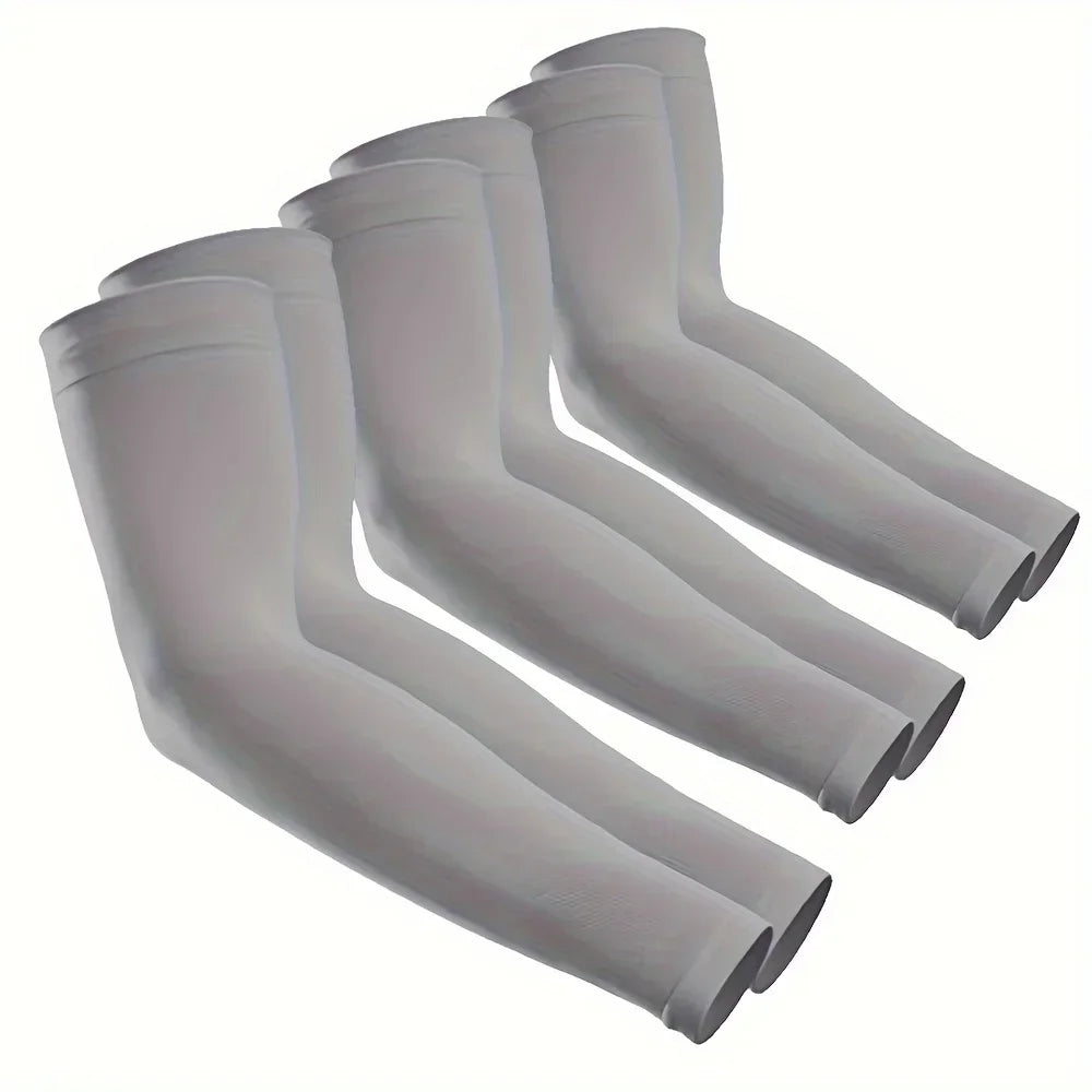 A set of light gray ice silk UV protection arm sleeves displayed in a row.