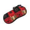 A red and black patterned pouch designed to hold spider web eyeglasses.
