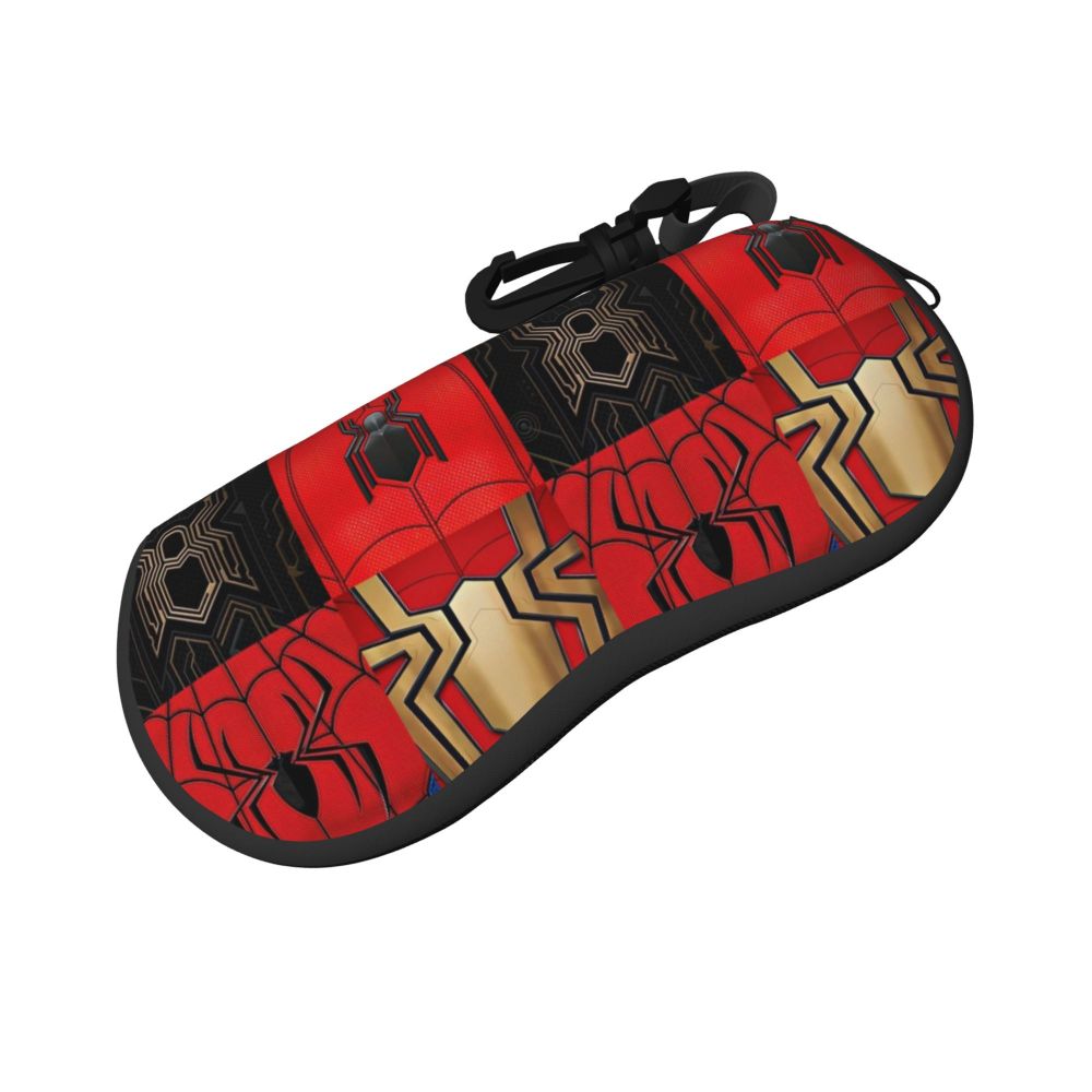 A red and black patterned pouch designed to hold spider web eyeglasses.
