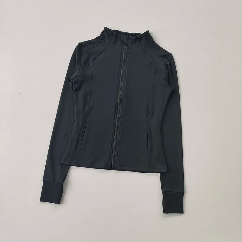 A dark gray long-sleeved zip-up jacket for yoga and fitness.