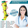 A woman wearing a white coat holds a pair of yellow compression socks with various activity benefits listed.