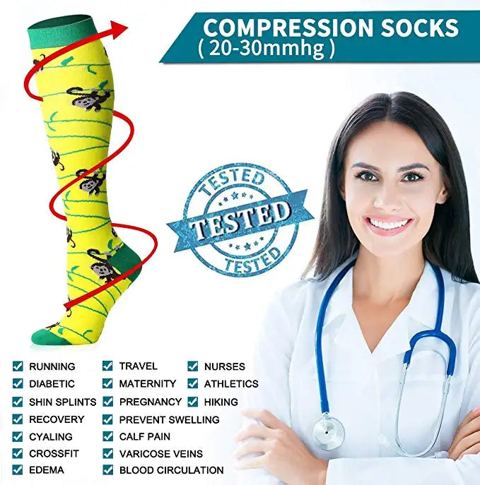 A woman wearing a white coat holds a pair of yellow compression socks with various activity benefits listed.