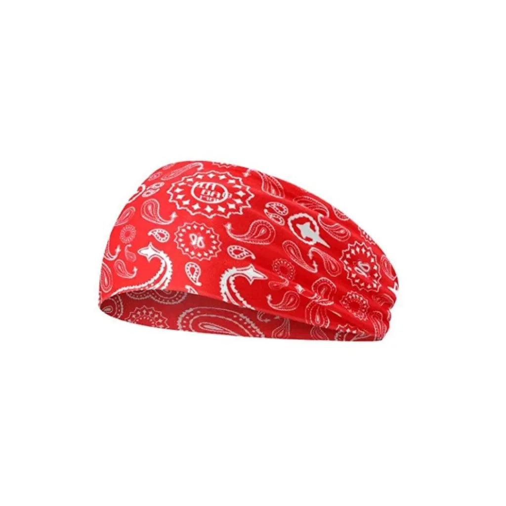 Red patterned sports headband with white paisley and floral designs