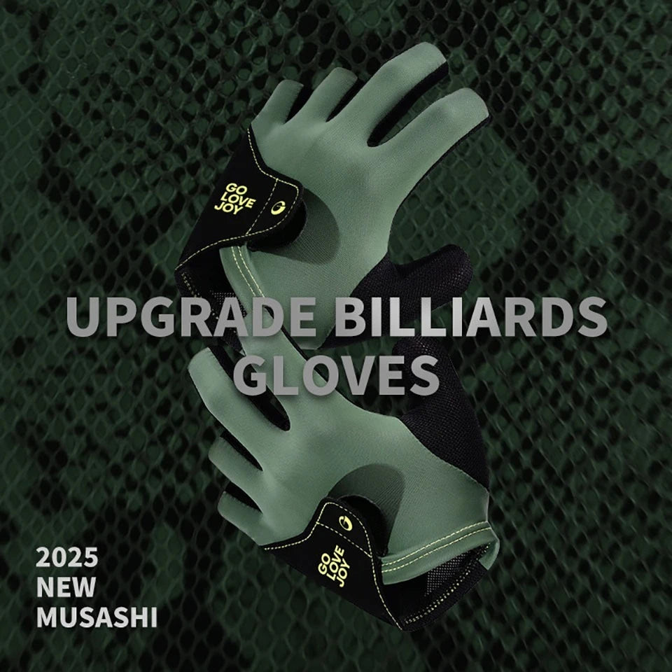 A pair of olive green billiards gloves with black accents, featuring the text GO LOVE JOY.