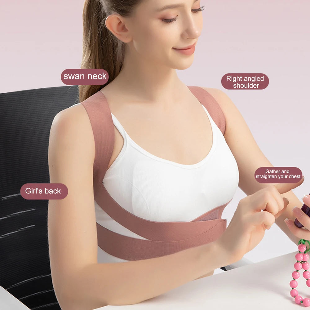 A woman wearing a beige posture corrector back brace, demonstrating the swan neck and right angled shoulder positions.