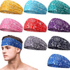 A collection of various patterned sports headbands in yellow, blue, pink, and purple shown on a model's head.