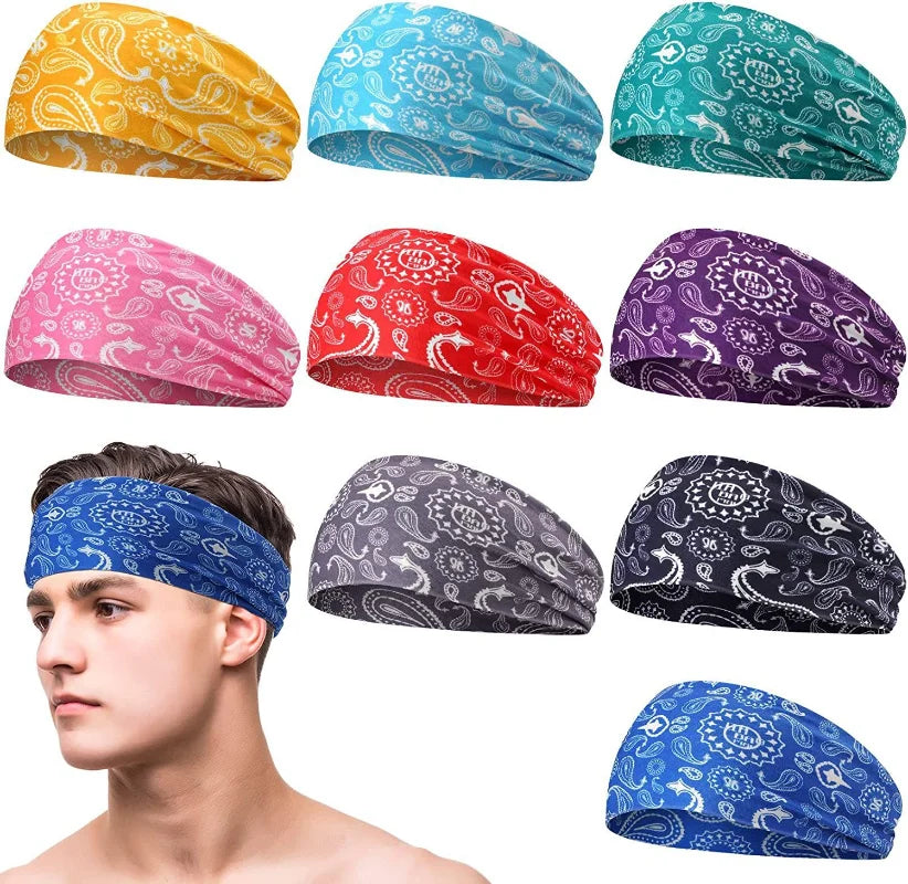 A collection of various patterned sports headbands in yellow, blue, pink, and purple shown on a model's head.