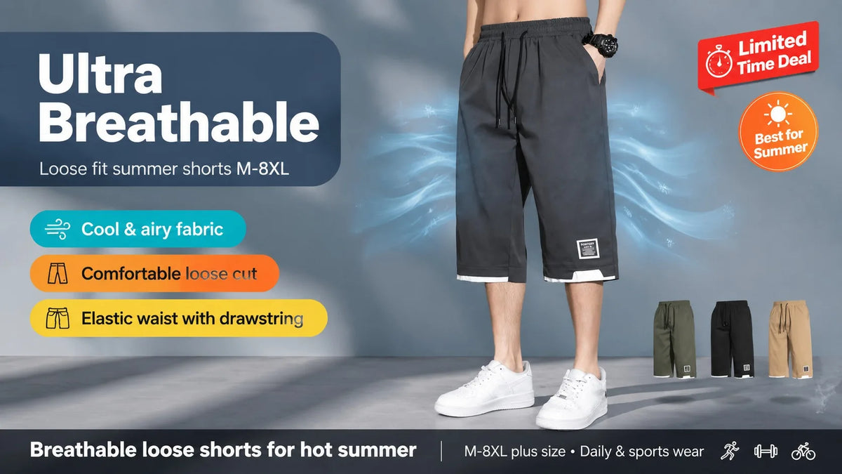 A person wearing dark gray breathable loose fit summer shorts with a black wristband and white sneakers.