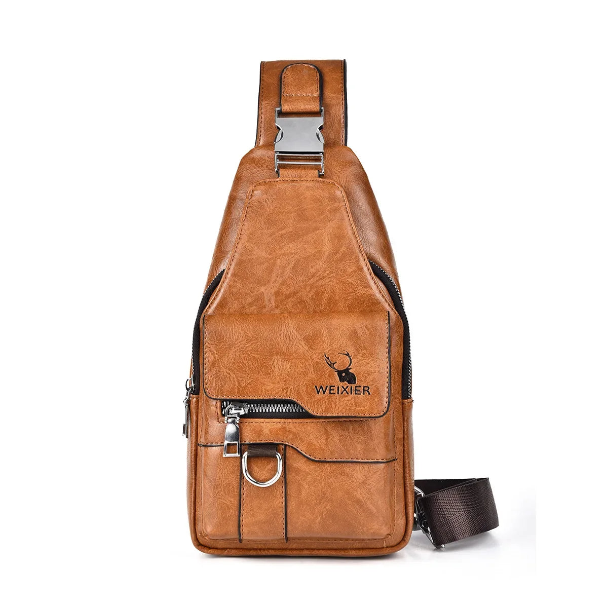 A brown leather men's crossbody bag with a silver buckle and zipper detail.