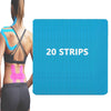 A blue sheet of professional kinesiology tape with 20 strips is shown next to a person's back.