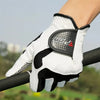 A hand wearing a white and black microfiber golf glove with a black accent palm grip.