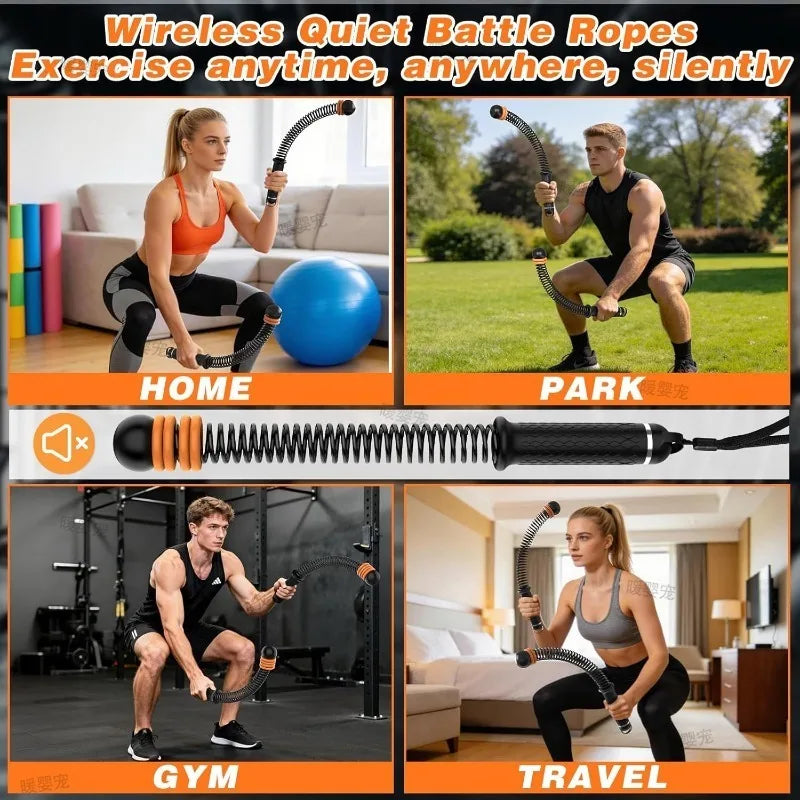 Wireless quiet battle ropes used for exercise at home, park, gym, and travel.