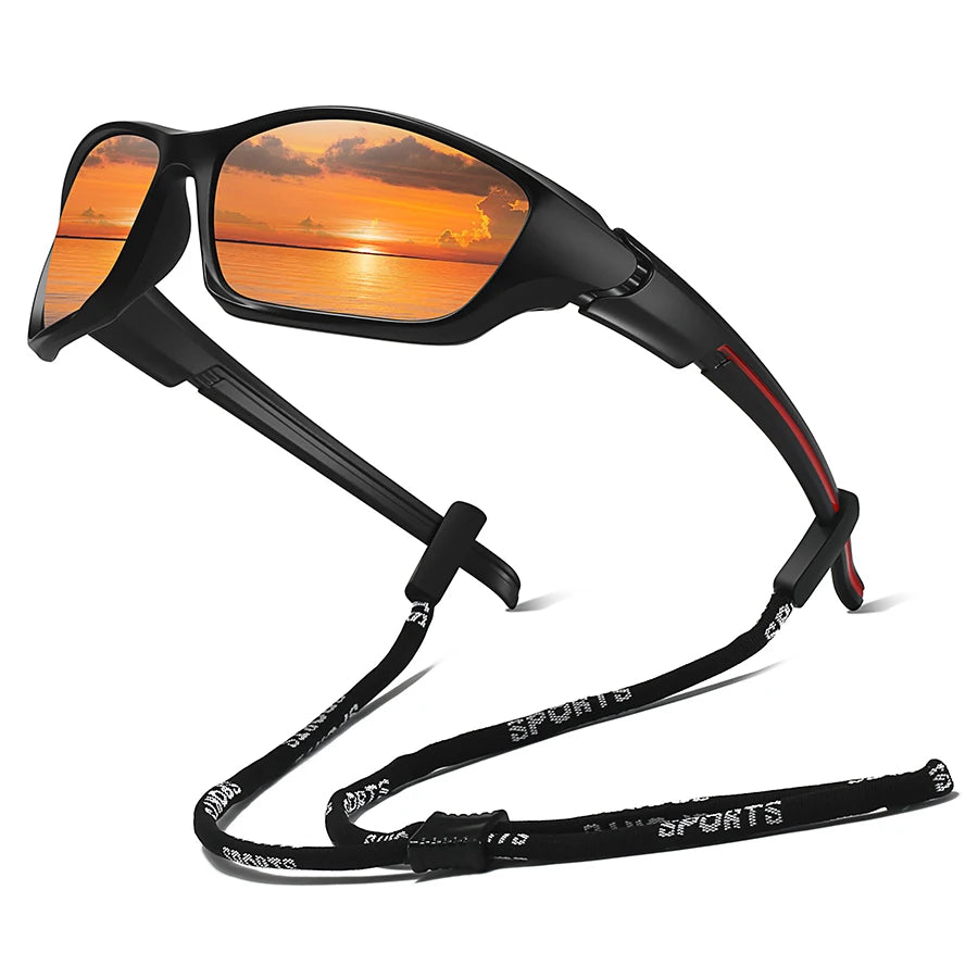 A pair of black sunglasses with orange-tinted lenses is shown against a sunset background.