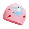 Pink silicone swimming cap featuring a cartoon bear and starfish design.