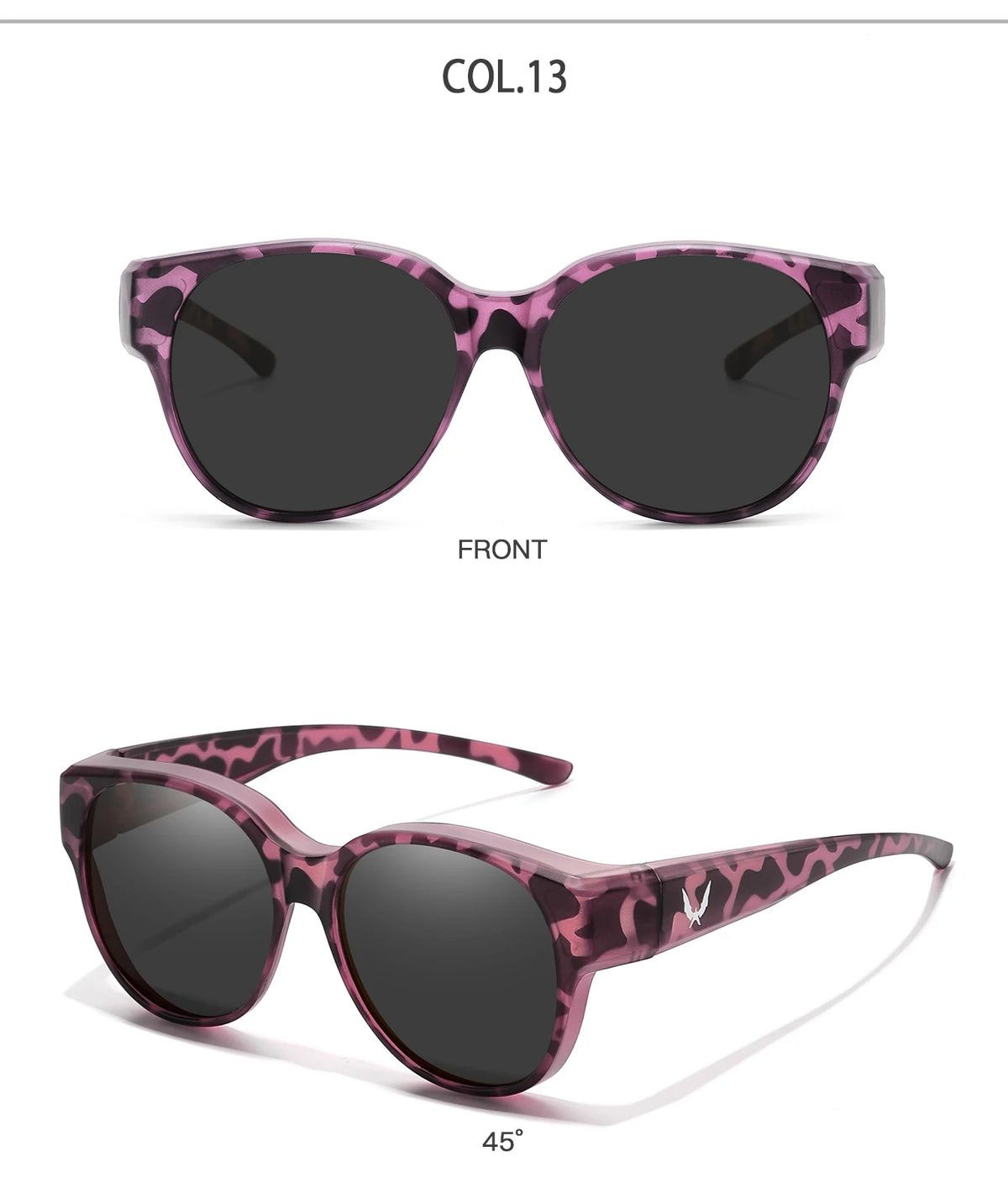 Pink leopard print round sunglasses shown from the front and a side angle.
