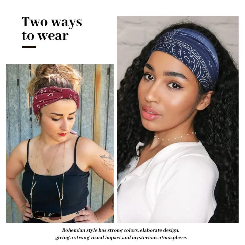 A woman models a navy blue boho printed wide knotted headband worn on her dark, curly hair.