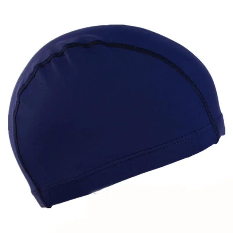 A navy blue ultra-thin nylon swimming cap shown from the side.