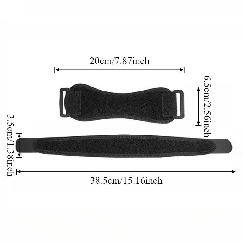 Black adjustable knee patellar tendon support strap shown with dimensions.