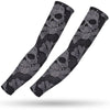 A pair of black and white patterned sports arm sleeves for UV protection