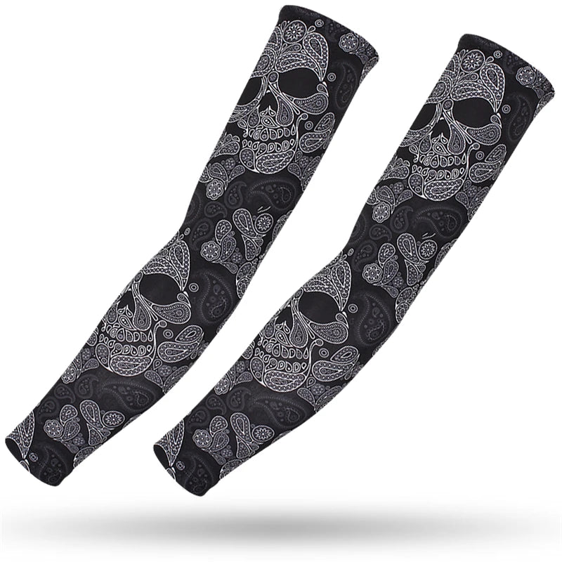 A pair of black and white patterned sports arm sleeves for UV protection