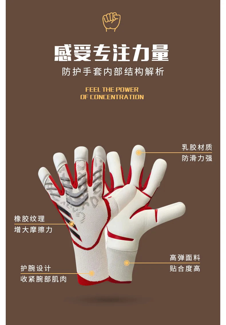 A close-up of a white and red goalkeeper glove showing various features like reinforced palm, high-grip material, and design 