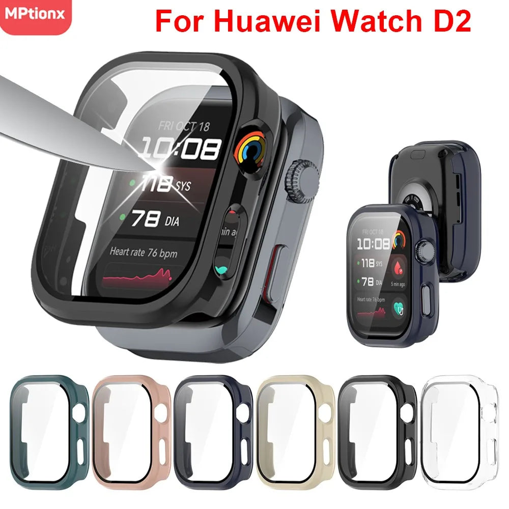 A protective case and tempered glass screen protector for a Huawei Watch D2 displayed alongside various color options.