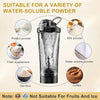 A black portable electric shaker bottle shown with various powders like protein, milk, fiber, oat flour, and coffee.