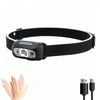 Black LED rechargeable camping headlamp worn on a wrist strap.