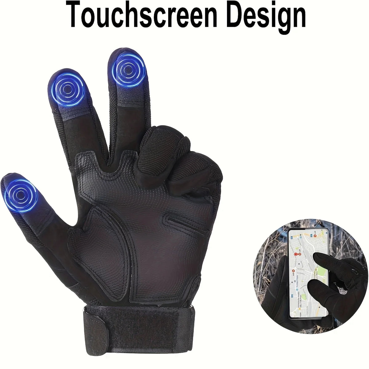 A black touchscreen design glove is shown next to a smartphone displaying a user interface.