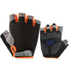 A pair of black and gray gym workout gloves with orange accents shown against a white background.