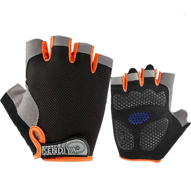 A pair of black and gray gym workout gloves with orange accents shown against a white background.