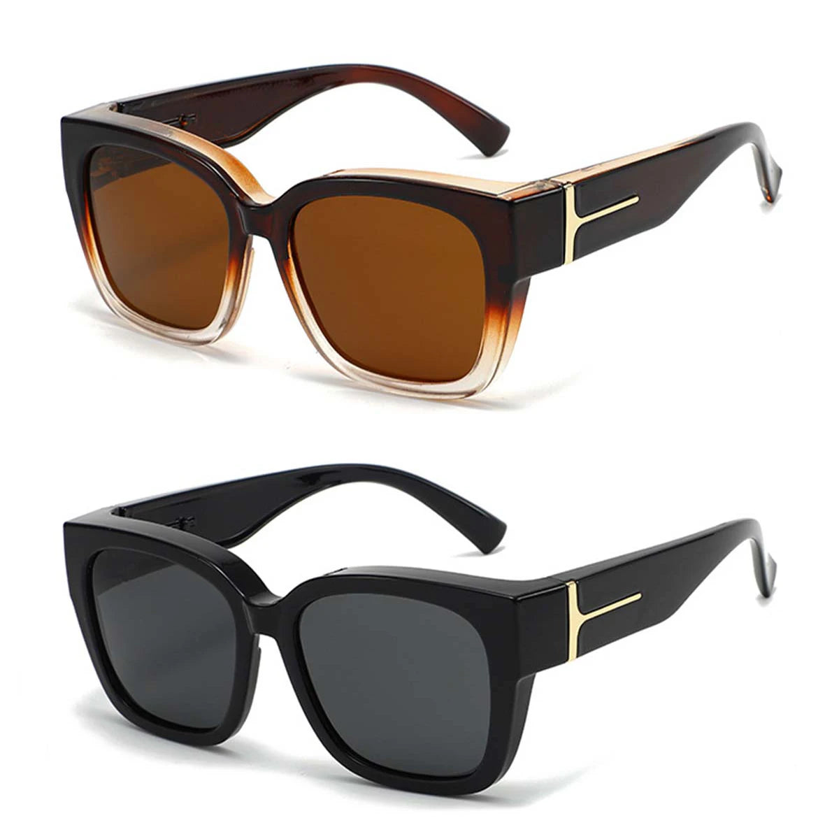 A pair of oversized brown sunglasses with gold accents shown against a white background.