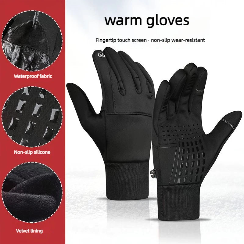 Un par de guantes negros cálidos con características como tela impermeable, silicona antideslizante y forro de terciopelo.