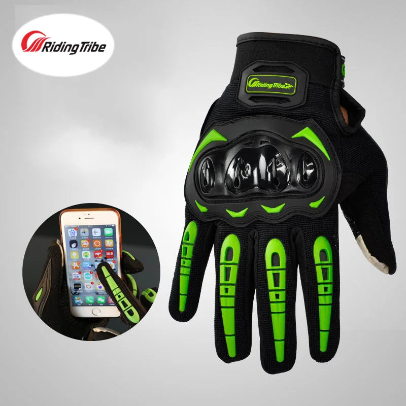 Black motorcycle riding gloves with neon green accents shown next to a smartphone.