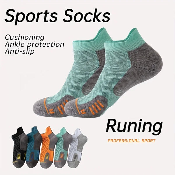 A variety of cushioned sports socks in various colors are displayed for running and fitness.