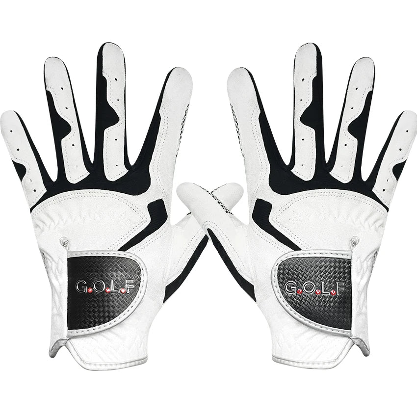 Pair of white and black performance golf grip gloves shown from above