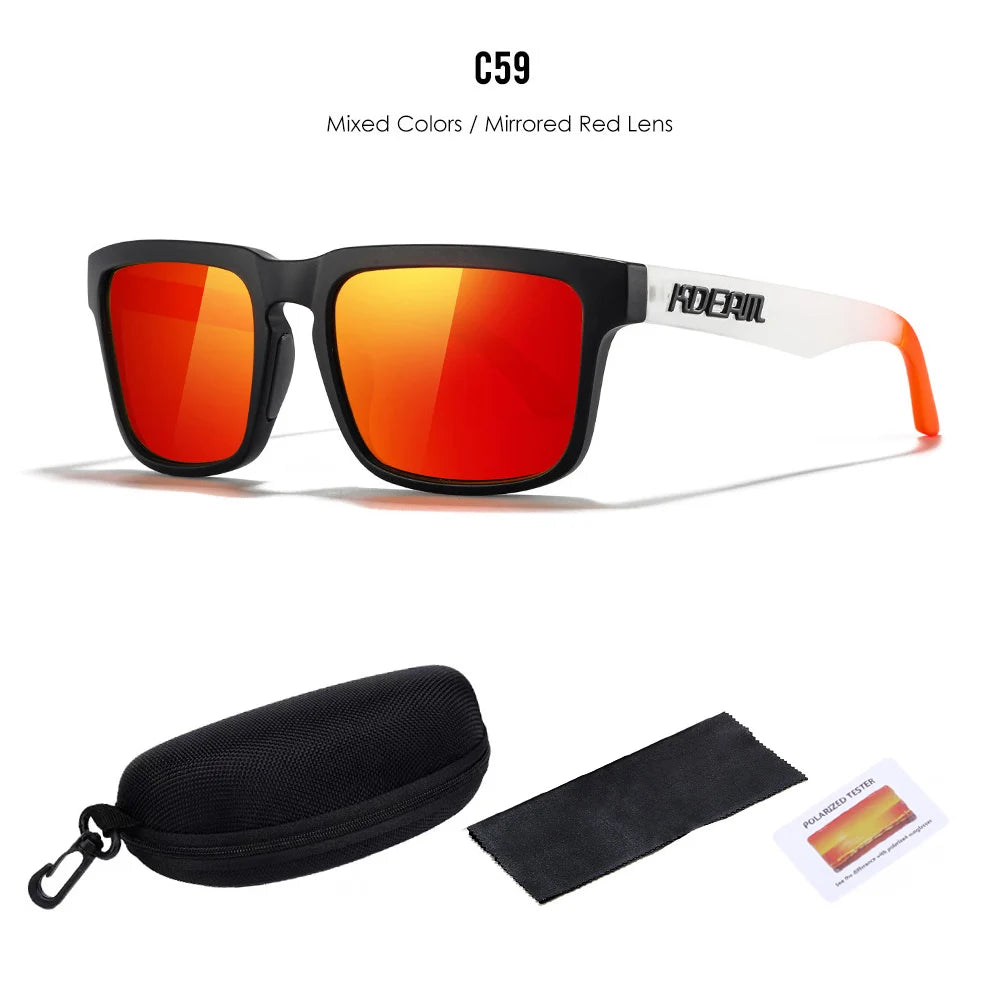 Eine orange getönte Sonnenbrille mit schwarzen Rahmen und einer schwarzen Polarisationshülle.