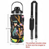 A black insulated water bottle cover with a floral design and an adjustable strap is shown.