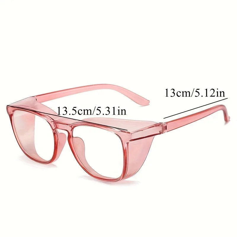Gafas de seguridad rosas con lentes transparentes y monturas rosas mostradas de frente.