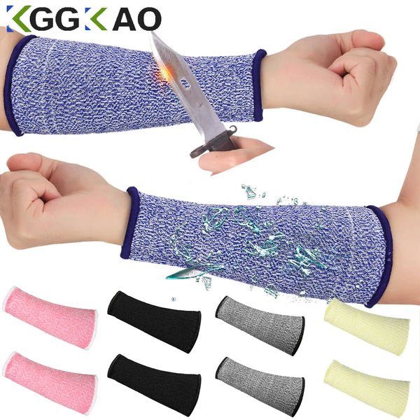 Various levels of cut-resistant arm protection sleeves in pink, black, gray, and yellow colors