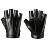 A pair of black PU leather fingerless fitness gloves shown from the palm side.
