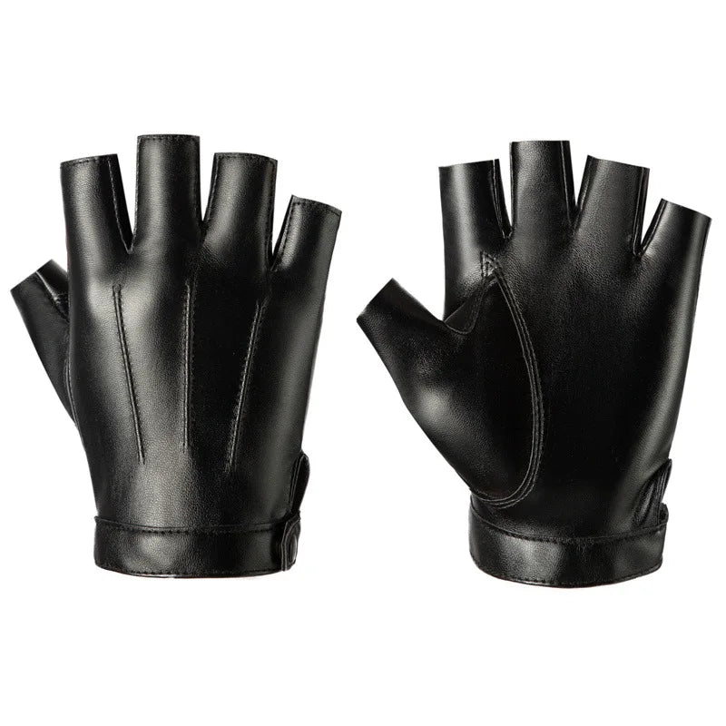 A pair of black PU leather fingerless fitness gloves shown from the palm side.