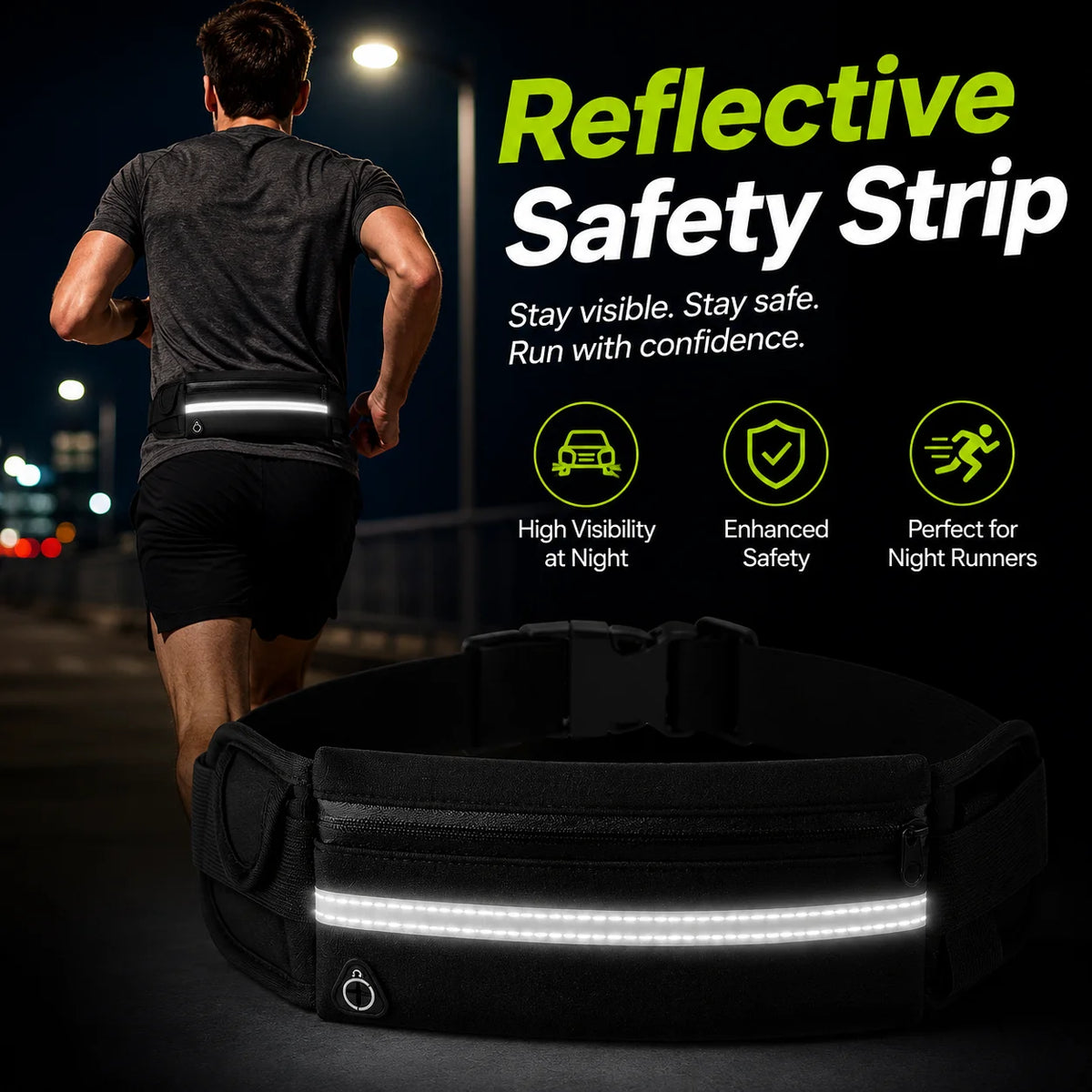 A person wearing a reflective safety strip waist pack while running outdoors at night.