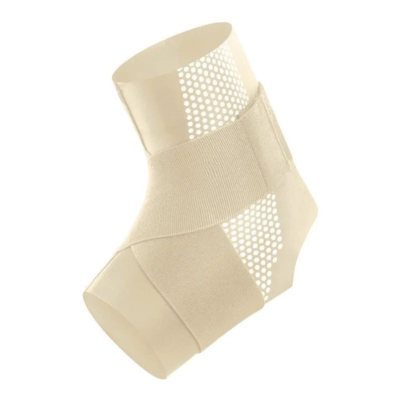 A beige adjustable ankle support brace with perforated sections.
